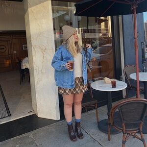 Reformation Plaid Mini Skirt in Brown and Blue